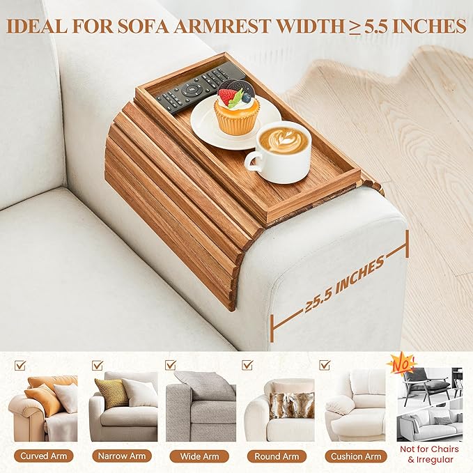 GEHE Acacia Wood Sofa Arm Tray, Foldable Couch Arm Tray Side Table, Anti-Falling Armrest Tables Cup Holder for Snacks, Drinks, Beers, Phone, Control, Flexible and Portable, Anti-Slip