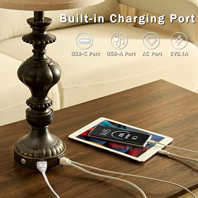 SAIWEYA 27.5" Farmhouse Table Lamps Set of 2 Bedside Lamp with USB C+A Ports & AC Outlet, 3 Way Dimmable Touch Lamps for Living Room Bedroom Office Hallway Rustic Nightstand Traditional Lamp
