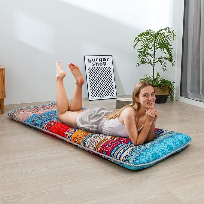 MAXYOYO Bohemian Floor Cot Mattress, Japanese Floor Mattress Narrow Twin Futon Single Mat for Adults, Foldable Futon Roll Up Mat for Camping