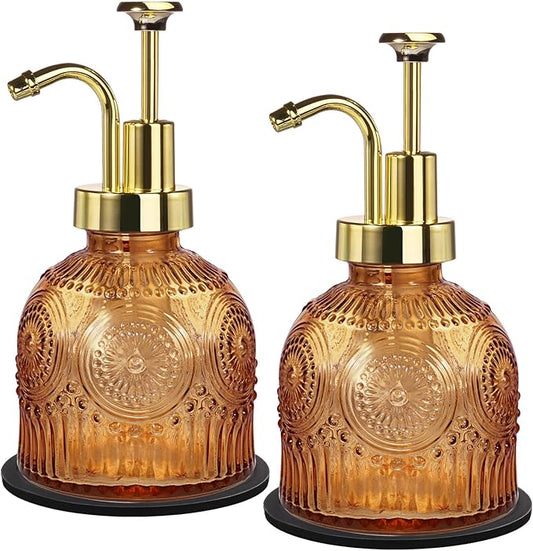 Amolliar 8 Oz Vintage Glass Bathroom Soap Dispensers with Pump, 2 Pack Refillable Kitchen Dish Soap Dispenser with Stripe, Antique Rustic Hand Soap Liquid Bottle (Brown-Golden Pump)