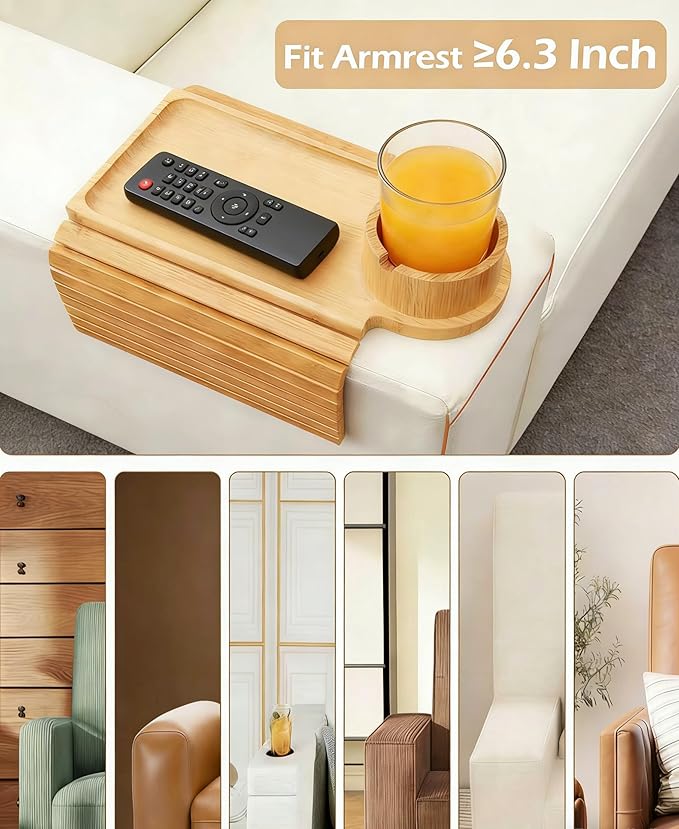 Bamboo Sofa Armrest Tray , 3 in 1 Large Couch Cup Holder Tray with Anti-Slip Pad, Stable Couch Arm Tray for Eating Drinking, Fits Wide Square & Flat Sofa/Couch Arms