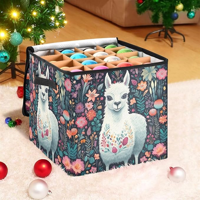 Kigai Alpaca Christmas Ornament Storage Box with Zipper & Adjustable Dividers Holiday Ornament Organizer Xmas Storage Container, 64 Balls