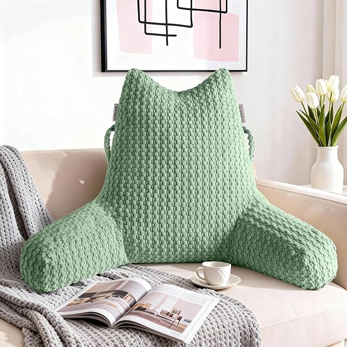 Reading Pillow for Bed Sitting Up, Backrest Pillow with Shredded Memory Foam Filling, Back Support Cushion, Bed Rest Pillow with Arms, Pockets and Washable Cover-Green