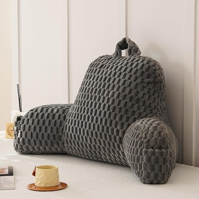 Yaoshuho Fluffy Reading Pillow for Sitting in Bed, Large Backrest Bed Pillow with Arms, Back Support Pillow for Lounging Bedrest, Dark Grey