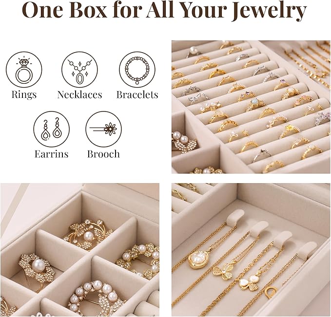 bussdis Glass Lid Jewelry Organizer Box – Beige Velvet Jewelry Case with Ring Slots, Necklace Hooks & Removable Compartments for Earrings, Rings & Bracelets