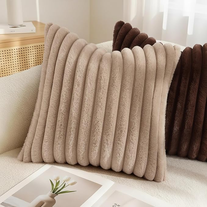 decorUhome Cozy Faux Fur Throw Pillow Covers 16x16 Set of 2 Decorative Soft Plush Striped Modern Farmhouse Boho Couch Pillow Cases with Velvet Back for Sofa Bed Living Room, Khaki Brown