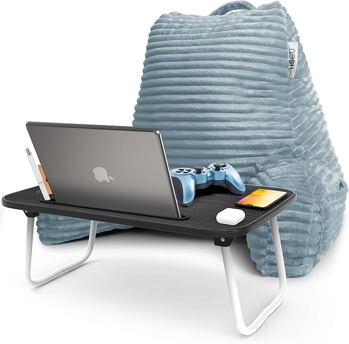 Nestl Stone Blue Reading Pillow with Bed Desk for Laptop and Writing, Luxe Cut Plush Back Pillow for Sitting Up, Back and Arms Adjustable Support for Adult and Teens, Foldable Lap Desk for Bed 22x14”
