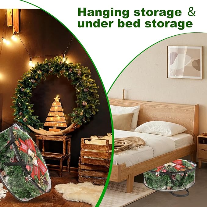 MUXHEL 5 Pcs Christmas Wreath Storage Bags, 24" Dia Round Wreath Storage Containers, Clear, Tear Resistant, Black