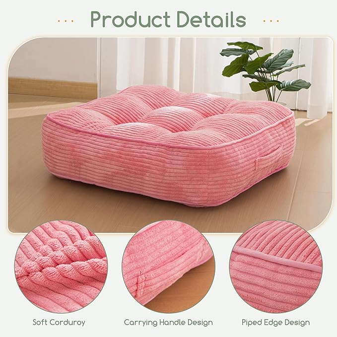HIGOGOGO 6" Extra Thick Floor Pillow Cushion for Adults, Meditation Cushion Pillow, Large Square Floor Sitting, Tufted Corduroy Cover, for Tatami Living Room or Yoga, 22x22 Inch, Pink
