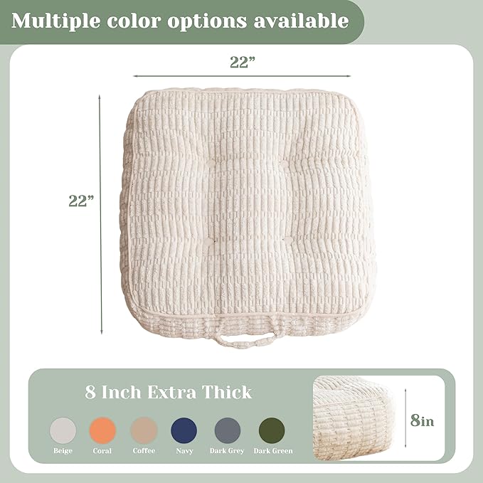 8" Washable Floor Pillow Cushion for Adults, Meditation Cushion Pillow, Removable Tufted Blended Corduroy Cover, Large Square Floor Sitting for Tatami Living Room or Yoga, 22x22 Inch, Machine Washable