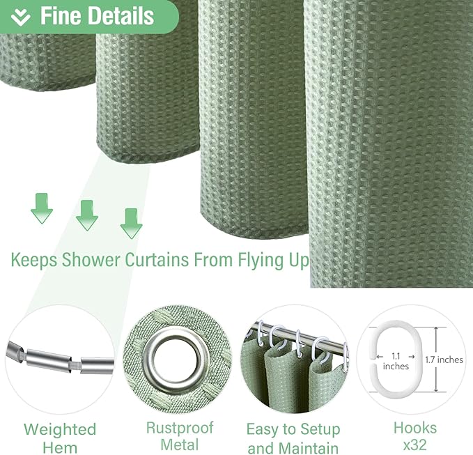 Dynamene Extra Wide Shower Curtain - 180 Inch Wide Waffle Weave Weighted Thick Cloth Bathroom Shower Curtain, Neutral Heavy Duty Hotel Bath Curtain Set with 32 Plastic Hooks,180x72, Sage Green