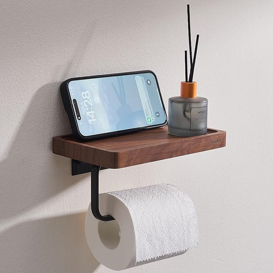 Walnut Wood Toilet Paper Holder with Phone Shelf, Adhesive or Drill Installation Bathroom Washroom Wall Mount Wooden Toilet Tissue Roll Holder with Shelf for Hold Wipes, Cell Phone (Concave)