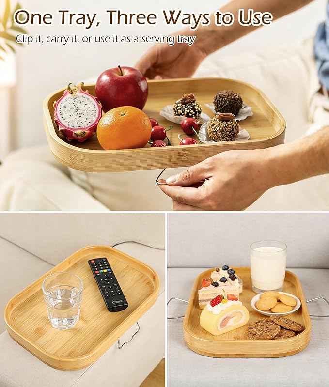 Sofa Arm Tray Table, Bamboo Couch Armrest Tray Clip-On with Adjustable Width Support Leg, Non-Slip Silicone Pads & Scratch Protection, Couch Side Table for Drinks, Snacks, Remote