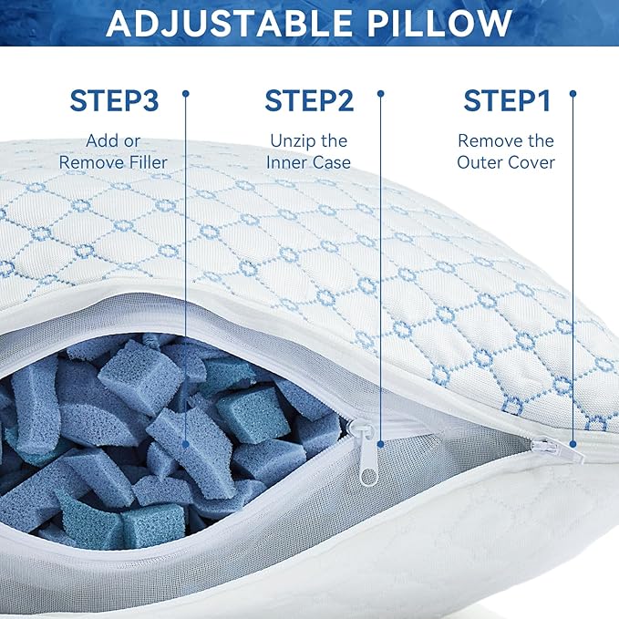 Cooling Bed Pillows for Sleeping Set of 2, Shredded Memory Foam Pillows for Bed Standard Size 2 Pack, Adjustable Cool Pillow for Side, Back and Stomach Sleepers Neck Supportive