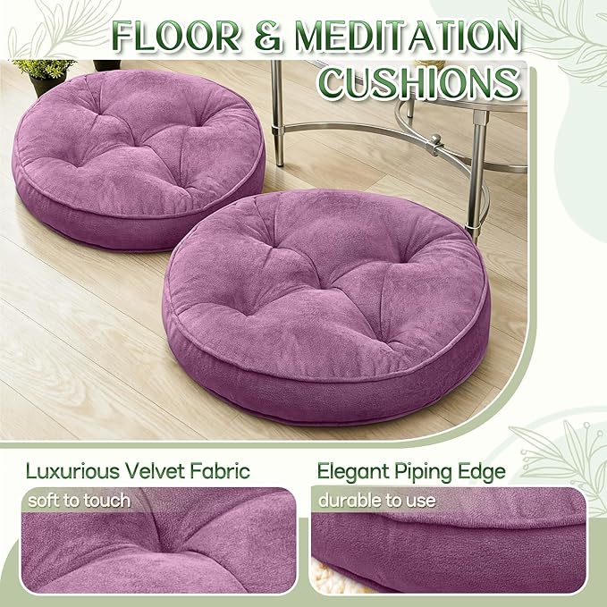1 MIDDLE ONE Floor Pillow Set of 2, Memory Foam Meditation Cushion, Floor Cushions for Adults Sitting, Large Round Seat Cushions for Yoga, Living Room, 20x20 Inch (Round | Pearly Purple)