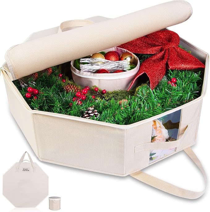 BrilliantJo Wreath Storage Hard Shell Christmas Decorations Case Bag with Interior Pockets 600D Oxford Fabric 24 Inch Xmas Container Box for Holiday Zipper and Handles Labeling Card Slot Houndstooth