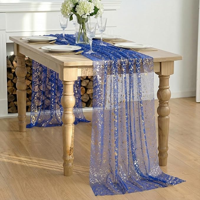 Artoid Mode Blue Gold Gauze Table Runner 59x120 Inch 10FT, Glitter Metallic Foil Sheer Dining Wedding Anniversary Holiday Table Decor for Home Party