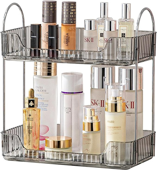 Akinbas 2 Tier Bathroom Organizer Countertop Makeup Perfume Tray Skincare Organizer for Bathroom Dresser Vanity (Grey)