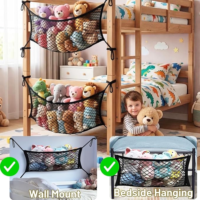 Stuffed Animal Storage Net for Kids, 2 Pack Bedside Toy Organizer Net - Neatly Store Your Stuffed Animals, Elastic Bedside Stuffed Animal Storage Net with Tether, Stretches up to 32 Inches
