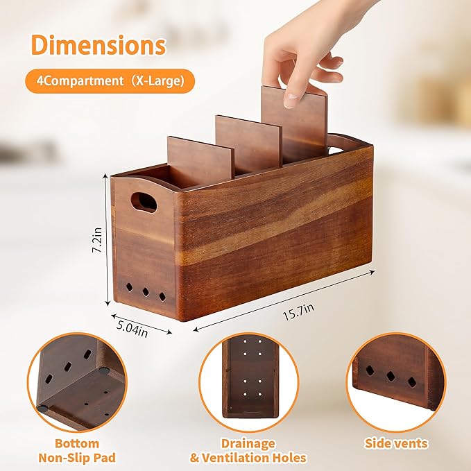 Natural Acacia Wood Utensil Holder for Kitchen Counter (X-Large), 4 Compartment with Removable Dividers 15.7"x7.2"x5.04", Extra Large Cooking Utensil Organizer - Anti-Scratch Bottom