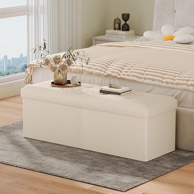 JIUYOTREE 31.5 Inches Ottoman with Storage Bench, Foldable Footstool, Ottoman Foot Rest, End of Bed Bench, Multi-Functional Seat, Storage Chest for Living Room, Bedroom, Entryway (Ivory)