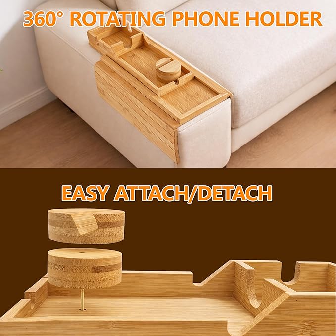 Chair Arm Table-Sofa Cup Holder Armrest with Detachable 360° Rotating Phone Stand for Hands-Free Viewing, Made from Premium Natural Bamboo for Drinks, Phone and Remote