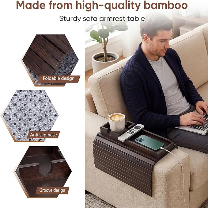 Bamboo Couch Arm Tray Table with Built-in Cup Holder, Foldable Anti-Slip Sofa Armrest Table for Drinks, Phone & Remote, Fits 4.7–16.9 in Armrests, Holds Cups up to 3.5 in Diameter (Brown)