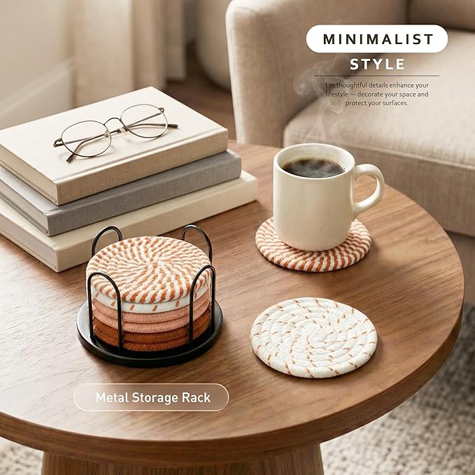 Lazebox Coasters Set of 8 for Drinks, Beer, Coffee, Cotton Woven 4 Colors Absorbent Coaster with Holder, Boho Coasters for Home Decor Tabletop Protection Suitable for Kinds of Cups