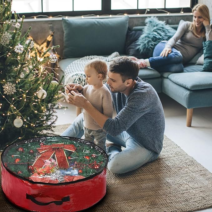 Propik Christmas Wreath Storage Bag 30" - Garland Holiday Container with Clear Window - Tear Resistant Fabric - 30" X 30" X 8" (Red)