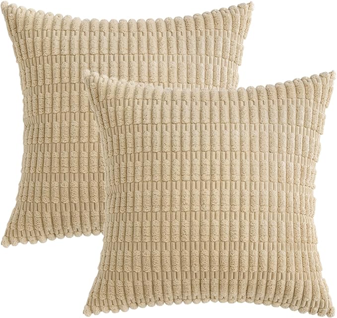 MIULEE Pack of 2 Corduroy Decorative Euro Sham Throw Pillow Covers 26x26 Inch Soft Boho Striped Pillow Covers Modern Farmhouse Home Decor for Sofa Living Room Couch Bed Tan