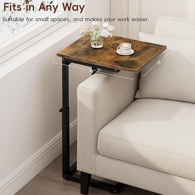 Vagusicc C-Shaped End Table for Sofa, 33"Tall Side Table for Couch, C Table End Table Adjustable Height Couch Side Table, Couch Table Slide Under Sofa Table TV Tray Table for Living Room,Bedroom,Brown