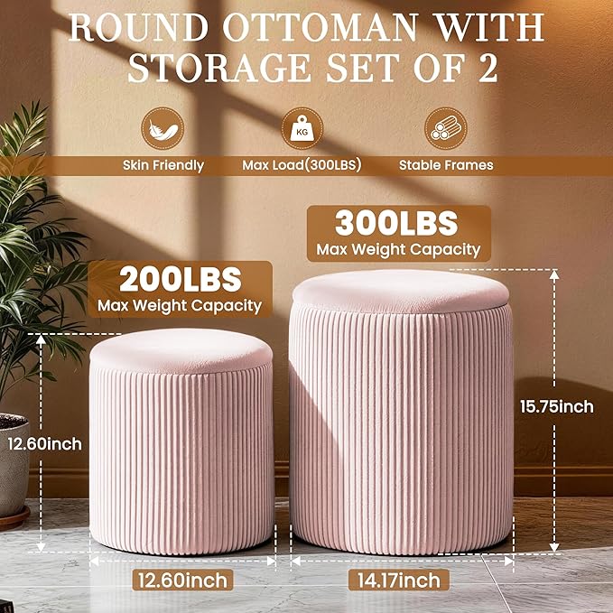 Set of 2 Round Storage Ottomans, Velvet Footstool Pouf with Lid - Multi-Use Vanity Stool for Bedroom or Coffee Table/Footrest for Living Room（Pink）