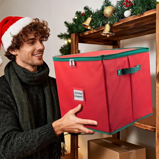 Christmas Ornament Storage Box with 4 Trays, Holiday Decor Storage Organizer for 64 Balls, Zippered Oxford Fabric Bin with Adjustable Dividers & Removable Compartments