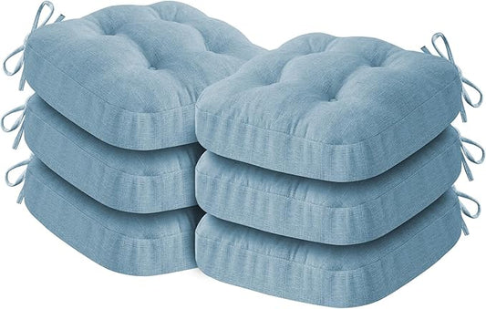 IASEAHK Chair Cushions for Dining Chairs, Dining Chair Cushions, Tufted Indoor Chair Pads with Ties & Non Slip Backing, Seat Cushions for Kitchen Chairs 16.5” x 16.5” x 3.5”, Set of 6, Light Blue