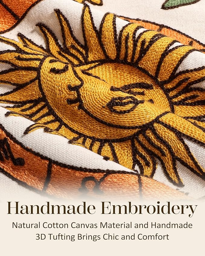 Embroidered Lumbar Pillow Cover 20x12 Inch - Spring Summer Boho Decorative Pillow Cover with Zipper for Living Room Couch Sofa Bed Aesthetic Design Sunflower Moon Cushion Pillowcase