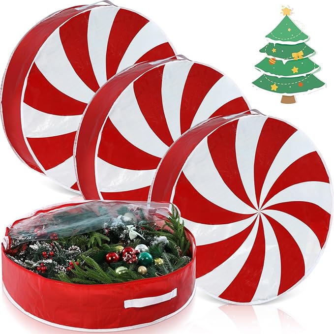 4 Pcs 36 Inch Christmas Wreath Storage Bag Candy Cane Wreath Storage Container Clear Window Dual Zipper Handle Red White Peppermint Garland Organizer for Holiday Decoration, Cute Lollipop