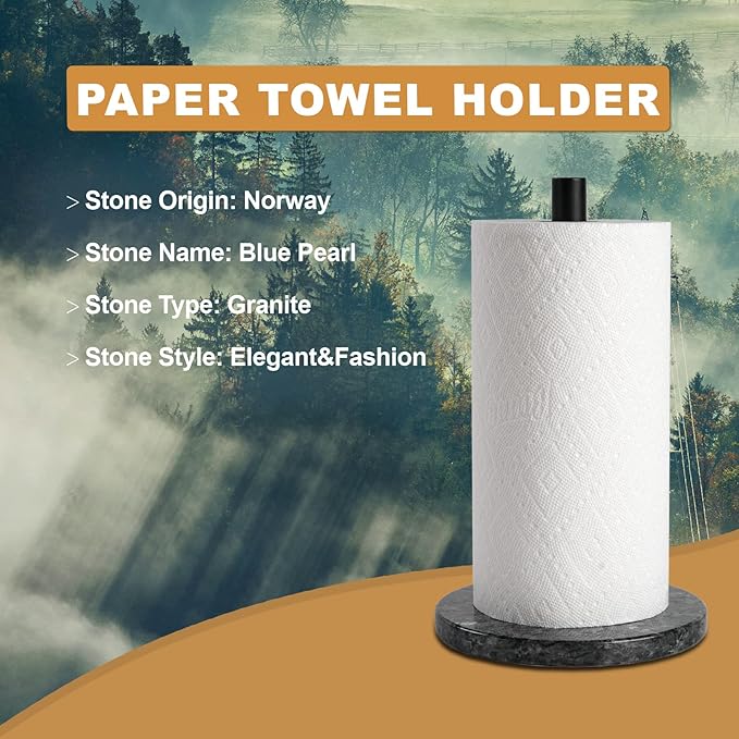 Koville Luxury Norway Granite Paper Towel Holder Countertop, Metal Rod 8" Marble Base Paper Towel Holder Stand for Kitchen Organization and Storage, Fit for Standard or Jumbo-Sized Rolls(Blue Pearl)
