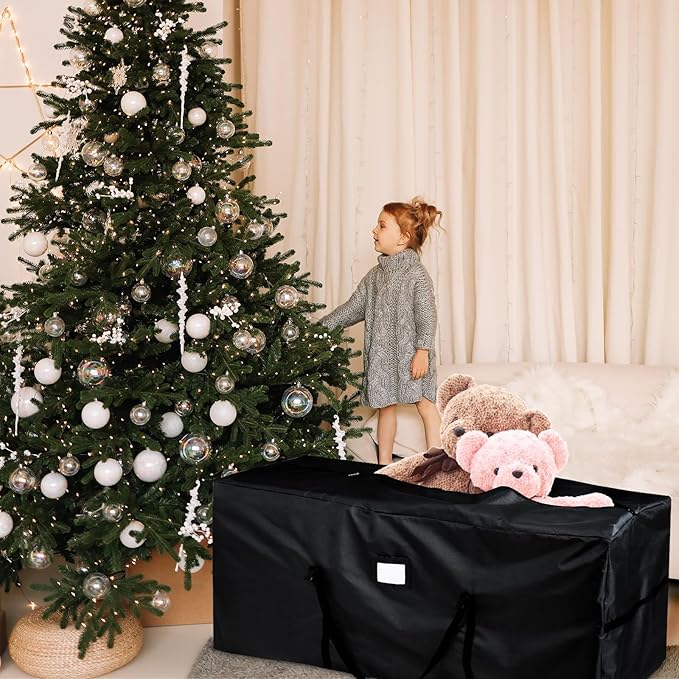 Christmas Tree Storage Bag Fits Up to 7.5 Ft Artificial Disassembled Trees Large Christmas Storage Containers Heavy Duty 600D Oxford Xmas Holiday Tree Bag with Durable Handles & Dual Zipper (Black)