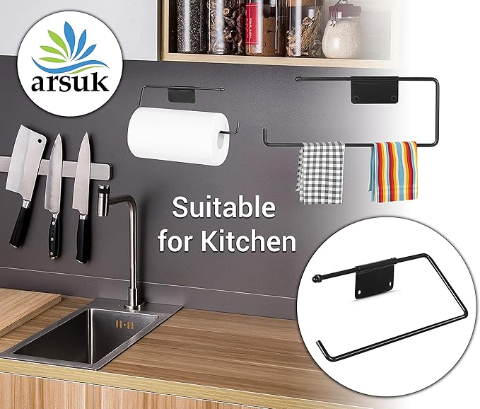 ARSUK Paper Towel Holder, Kitchen Towel Holder Under Cabinet Wall Mounted Stainless Steel 11.4 x 0.29 x 4.7 in (Black)