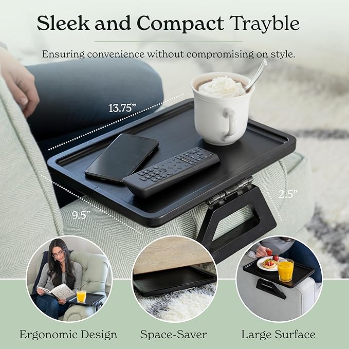 Shamrock Home Bamboo Trayble Couch Arm Table, Clip On Tray Sofa Table for Couches. Sofa Arm Tray for TV Dinners, Remotes, Drinks, Snacks and Small Spaces - 13.75 x 9.5inch, Black