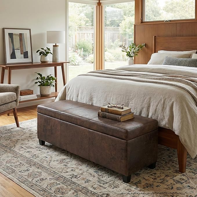 SIMPLIHOME Avalon Storage Ottoman Bench - 48" Wide x 16" High Upholstered Vegan Leather Rectangular Lift-Top Ottoman in Distressed Brown, Contemporary Bench for Living Room with High-Density Foam