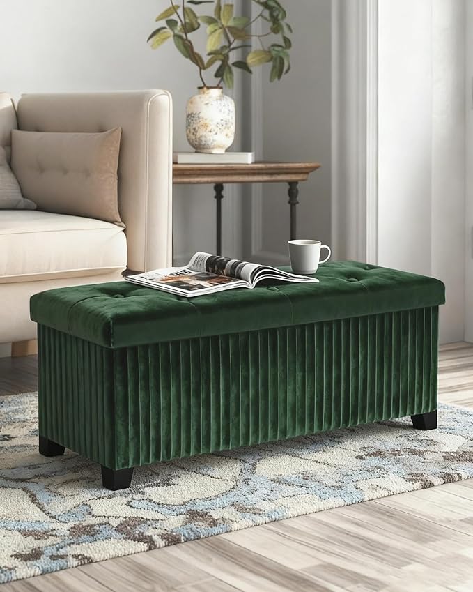 LITZFUR Storage Ottoman Bench, 43 Inch Foldable Ottoman with Legs, Velvet Foot Rest Stool, End of Bed Bench, Storage Chest for Living Room, Bedroom, Green