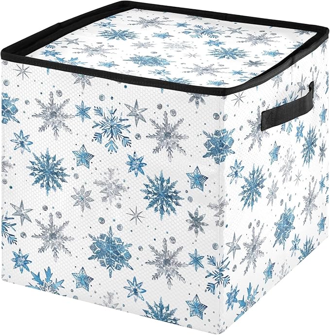 Blue Silver Snowflake Christmas Ornament Storage Basket Box Winter Xmas Holiday Storage Container Cube with Adjustable Dividers for 64 Holiday Ornaments or Decorations Keeps Clean and Dry