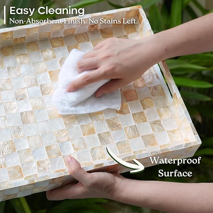CHI AN HOME Decorative Checkered Tray with Handles, Handmade Tray with Natural Capiz Shells, Serving Tray for Ottoman, Coffee Table, Kitchen Counter Home Decor (Ivory, 15.8" x 11")