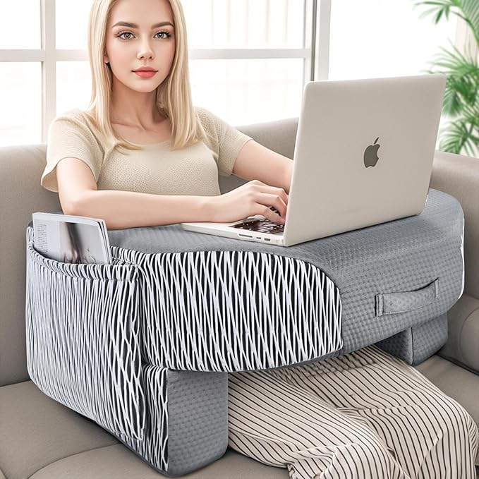LEBENGURU Reading Pillow for Laptop, Extra Large Armrest Gaming Pillow for Working, Hight Adjustable Lap Desk Pillow for Adult Sitting in Bed, Floor, Sofa（Stripe and Grey）