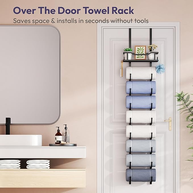 SWTYMIKI Over the Door Towel Rack - 9 Tier Towel Racks for Bathroom Wall Mounted, Towel Holder with Shelf, Hanging Rolled Towel Storage Organizer for Small Bathroom, Camper, RV, Black