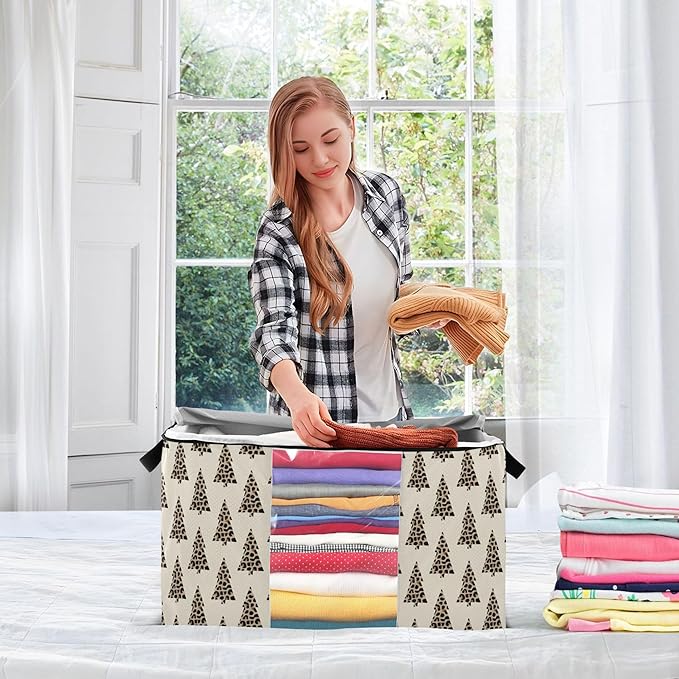 Burbuja Christmas Tree Leopard Clothes Storage Bag with Lids and Handle, 2 Pack Foldable Blanket Storage Container with Sturdy Zipper & Clear Window for Bedroom Closet, 60L