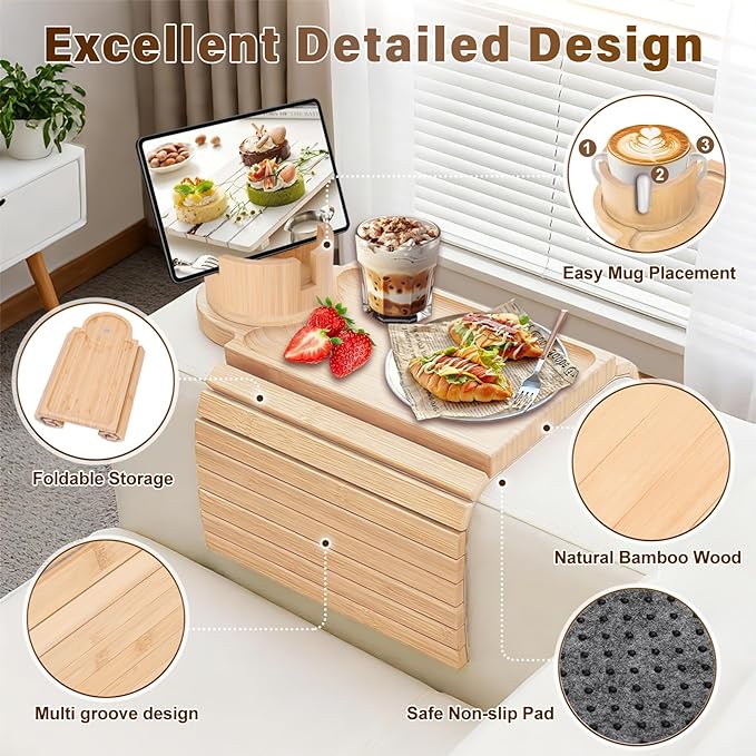 Couch Cup Holder Tray, 3-in-1 Bamboo Couch Armrest Table with 360° Rotating Magnetic and Detachable Phone Holder Stand, Foldable Anti-Slip Sofa Arm Tray for Remote, Phone, Snacks and Drinks