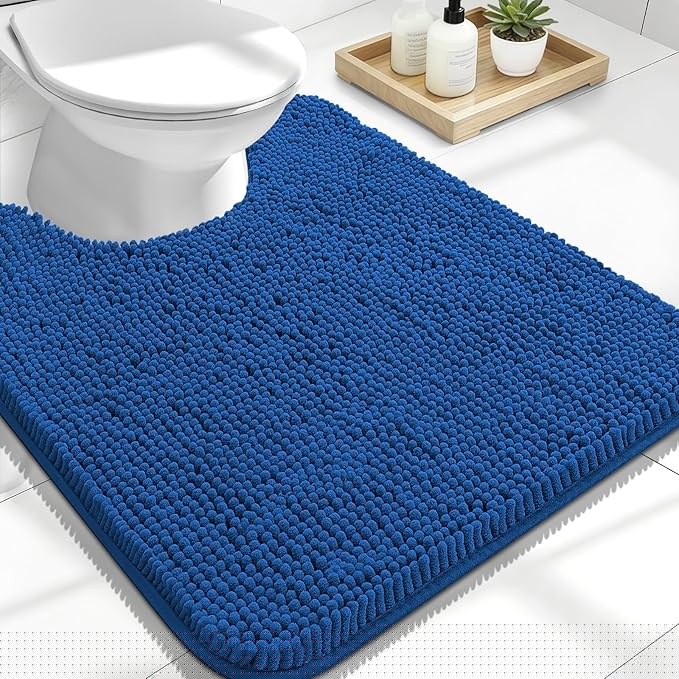 OLANLY Toilet Rugs U-Shaped 24x20, Extra Soft Absorbent Chenille Contour Bathroom Rugs for Toilet, Dry Quickly, Machine Washable, Non-Slip Bath Mat, Deep Navy Blue