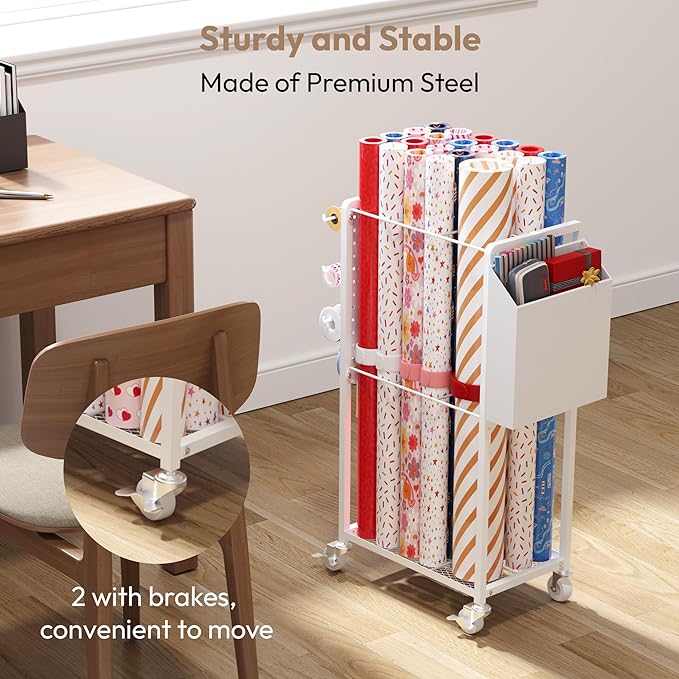 Gift Wrapping Station with 12PCS Slap Bands, Rolling Wrapping Paper Cart Station Organizer Gift Wrap Storage, Ribbon Holder Rack, Craft Organizers and Storage Christmas